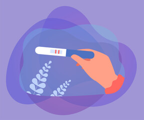 Wall Mural - hand holding pregnancy test with positive result. hand of future mother with test showing two lines 