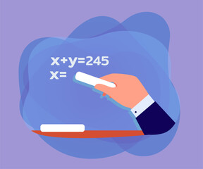 Wall Mural - hand of student holding chalk and solving equation. person writing on blackboard flat vector illustr