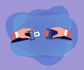 Wall Mural - hands fastening seat belt. hands of car or airplane passenger connecting parts of seatbelt flat vect
