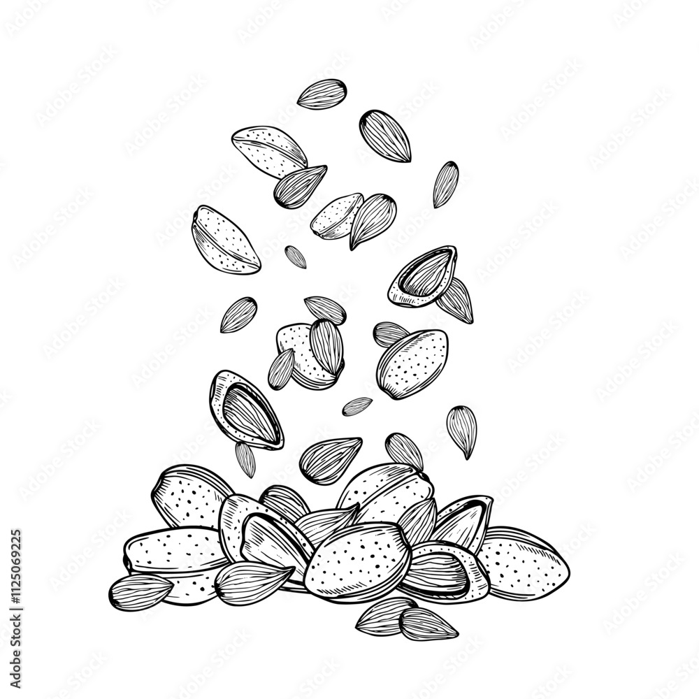 Falling Almond vector sketch in black and white color. Shelled and ...