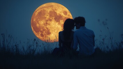 a couple of lovers are watching the full moon