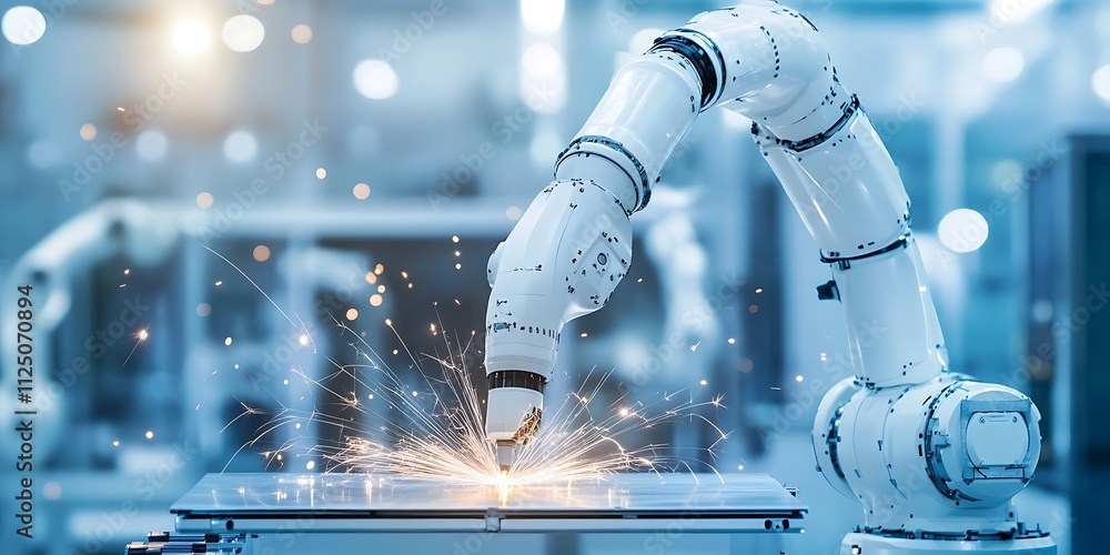 A robotic arm is welding steel on the factory production line, with ...