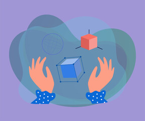 Wall Mural - Hands with different geometric 3D shapes. Cubes, sphere flat vector illustration. Geometry, math, education concept for banner, website design or landing web page