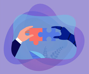 Wall Mural - human and robotic hands connecting pieces of jigsaw puzzle. people and robots working together flat 