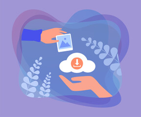 Wall Mural - hands sharing and downloading image through cloud storage. hand holding picture or photo, download s