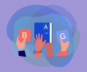 Wall Mural - hands holding cubes with letters of english alphabet and book. people learning language flat vector 