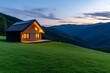 © Sanchai - A picturesque mountain cabin lit by solar-powered lights, blending modern energy efficiency with nature beauty