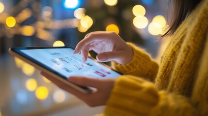 Wall Mural - a person in a cozy yellow sweater interacts with a tablet, illuminated by warm lights, suggesting a 