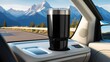 © Png - Video - Photo - A travel mug filled with coffee sits in a car's console with mountains in the background, perfect for road trips.