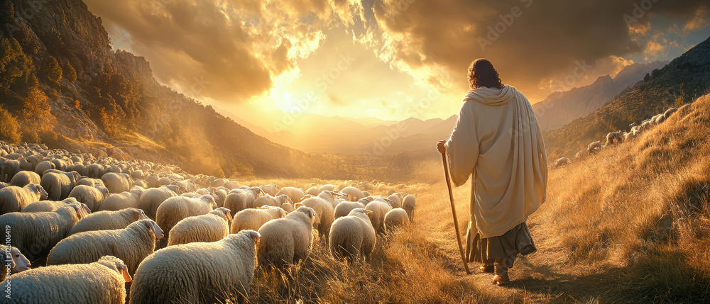 Jesus guiding a flock of sheep through a serene valley at golden hour ...