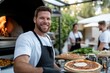 © Milos - A cheerful chef presents freshly prepared pizzas, surrounded by an inviting atmosphere, highlighting the joy of cooking and the art of culinary presentation.