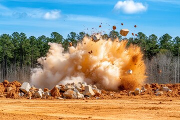 A dynamic shot of dynamite exploding in a forest clearing for a construction project, with dramatic debris flying