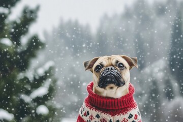Poster - A cute dog sits in front of a snowy wonderland, dressed in a cozy winter sweater, as snowflakes gently fall from the sky. Generative AI