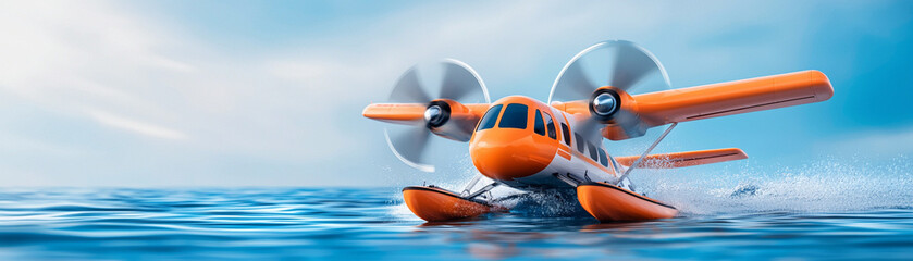 Orange seaplane gliding over blue ocean, creating a dynamic and adventurous scene with clear skies.