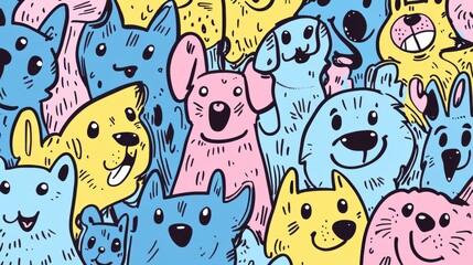 Poster - A vibrant doodle features various dog faces filled with joy, curiosity, and playfulness, surrounded by ample copy space for text. Generative AI