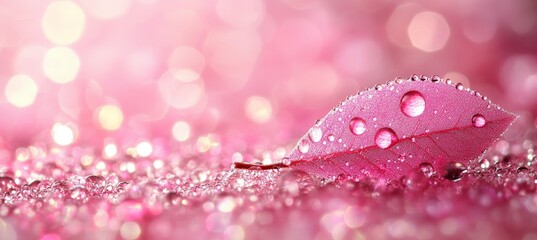 Wall Mural - Close up, Macro Pink Leaf with Water Drops, Glistening Dew Drops on a Pink Background, Nature
