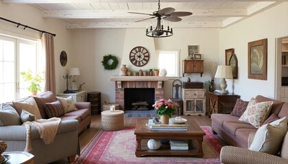 Country style living room with rustic furniture, vintage accents, and cozy textiles to create a welcoming, country-inspired living room