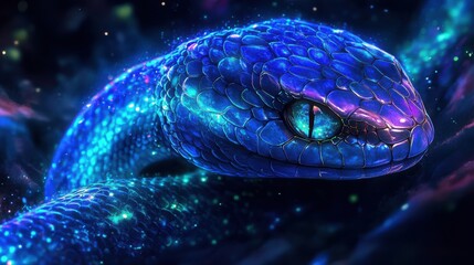 glowing blue snake with vibrant scales and cosmic background.