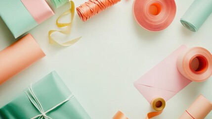 Poster - Colorful gift wrapping materials are creatively arranged on a flat surface, providing great space for messages and personal designs. Generative AI