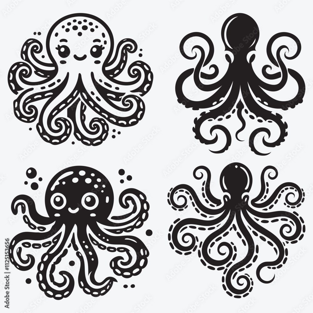 Octopus Silhouette Clip Art Vector illustration Isolated on White ...