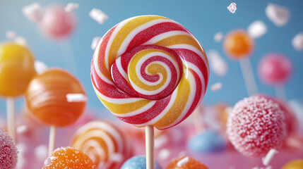 Colorful lollipop with stripes, unhealthy sweet candy on stick, dessert with sugar swirls, confectionery spiral and tasty treat.