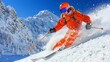 © Ilja - Expert Skier in Vibrant Orange Navigates Fresh Powder, Spraying Snow on a Sunny Alpine Slope