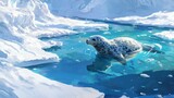 Capture the moment a seal surfaces amidst drifting ice floes, highlighting the harmonious coexistence between wildlife and the frozen environment