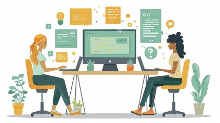 Wall Mural - Collaborative workspace scene showcasing two individuals at computers, surrounded by digital interface elements and plants, emphasizing teamwork and innovation