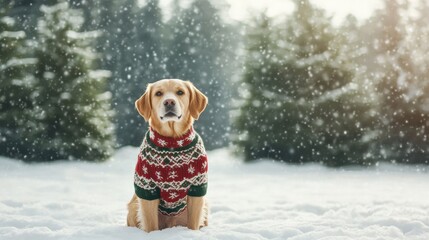 Poster - Fluffy dog wearing a cozy winter sweater sits calmly in the snow, surrounded by tall evergreen trees and gentle snowfall on a winter day. Generative AI