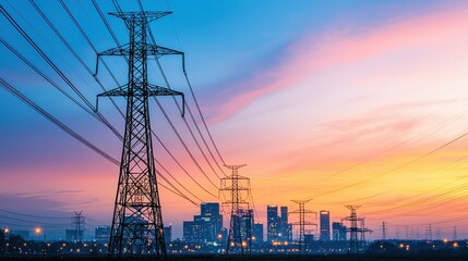 dramatic urban skyline at dusk with power lines