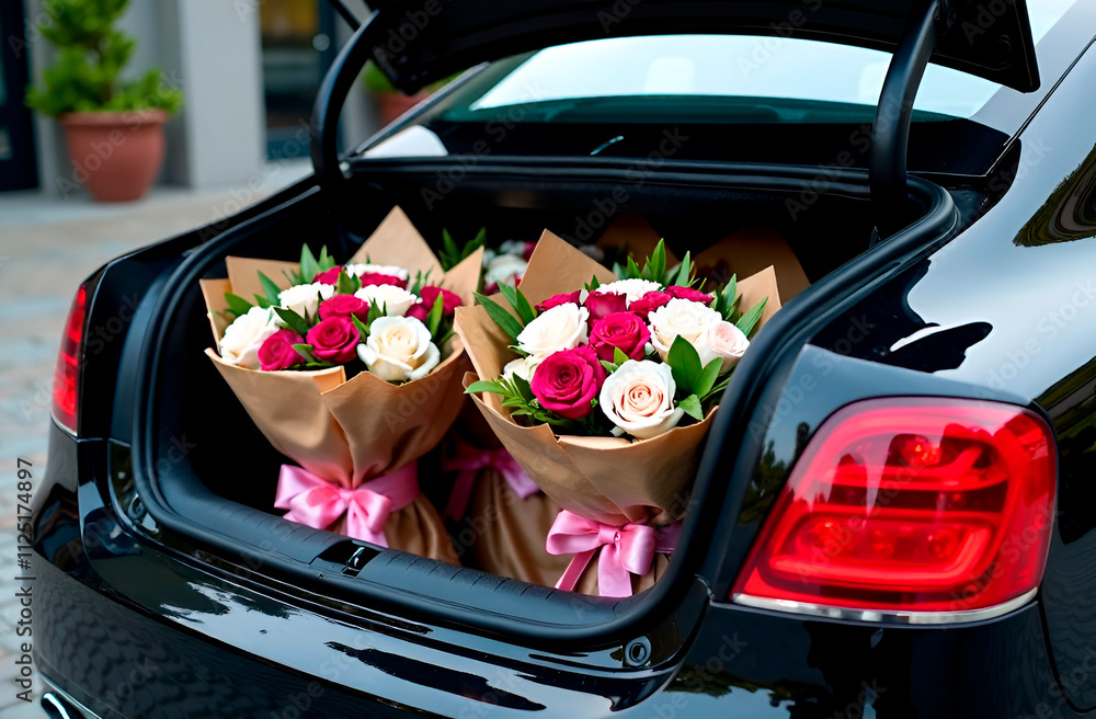 Car Back Roses Bouquets of roses in trunk of black luxury car. Valentine's Day, Women ...