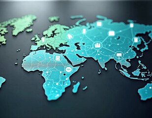 the world map is glowing on dark background with connected lines and dots