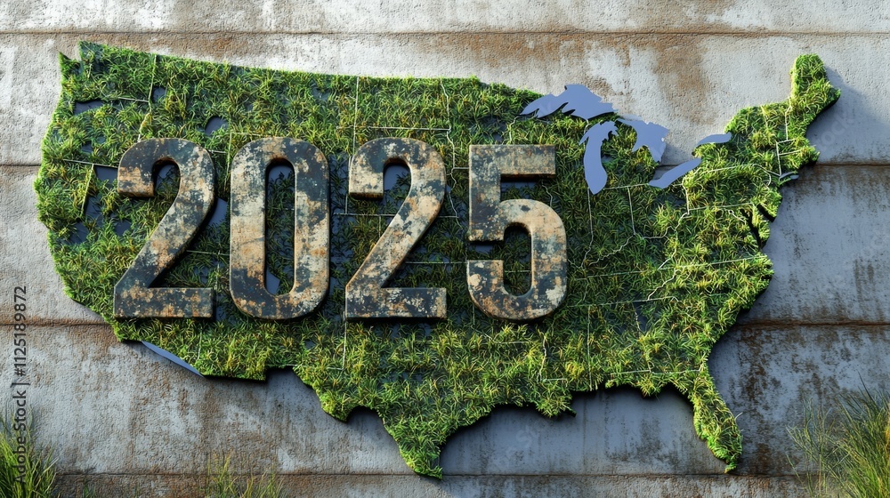 Green Future 2025: USA Map - Mossy US map, year 2025, symbolizes