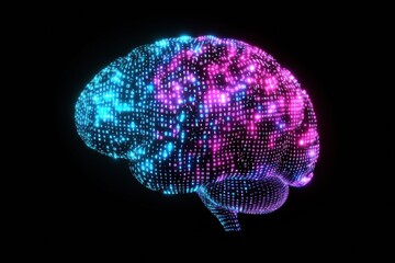 Leinwandbilder - Glowing blue and purple grids form a futuristic brain, representing advanced technology and digital innovation against a black background. Generative AI