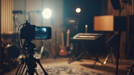 Leinwandbilder - Recording an interview in a conceptual television studio, featuring media technologies and a blurred background for focus. Generative AI