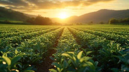 Poster - Rows of thriving plants bask in the golden light of the rising sun. A tranquil rural scene captures the beauty of nature at daybreak, with mountains in the distance.