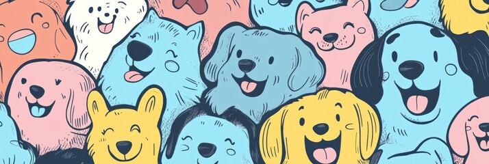 Poster - A colorful doodle showcases various dog faces displaying joy, curiosity, and playfulness, with ample area for added text or messages. Generative AI
