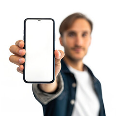 male model showing smartphone mobile screen mockup isolated transparent white background