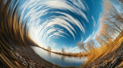 Poster - Whirlwind sky over calm water, autumnal trees.