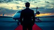© Danish - modern business executive in suit stands on red carpet, facing private jet.