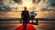 © Danish - modern business executive in suit stands on red carpet, facing private jet.