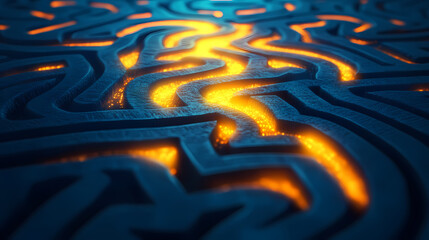 A labyrinth maze with a glowing yellow path on a blue background. Labyrinth. Illustration