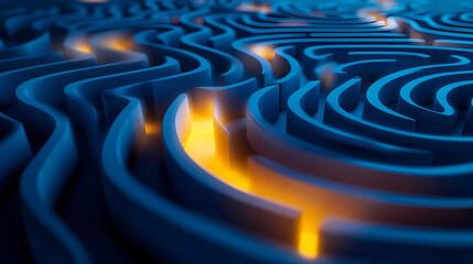 A labyrinth maze with a glowing yellow path on a blue background. Labyrinth. Illustration