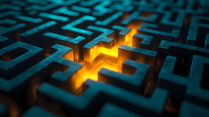 a labyrinth maze with a glowing yellow path on a blue background. labyrinth. illustration