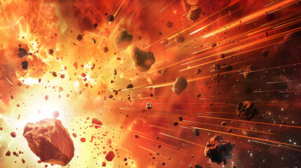 urgent collision of vivid red and orange asteroids in a fiery cosmic landscape. generative ai