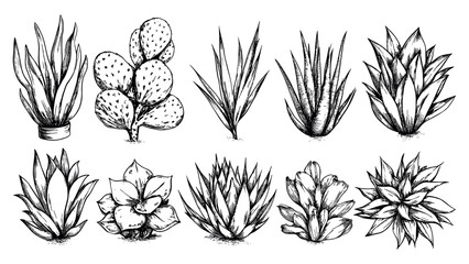 Wall Mural - Agave Ink Sketch Set Modern Technique Illustration White Unique Artwork Creative Design Plant Decorative Elements Artistic Visuals Modern Graphics Distinctive Art Style Succulent