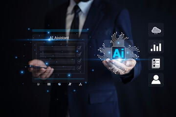 Wall Mural - businessman interacting with advanced ai technology, visualizing data-driven solutions and innovativ