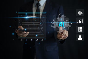 Wall Mural - businessman interacting with advanced ai technology, visualizing data-driven solutions and innovativ