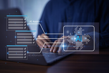 Wall Mural - businessman interacting with advanced ai technology, visualizing data-driven solutions and innovativ