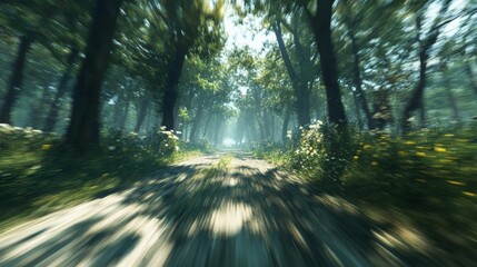 Fast forest path, blurred trees, sunlit.